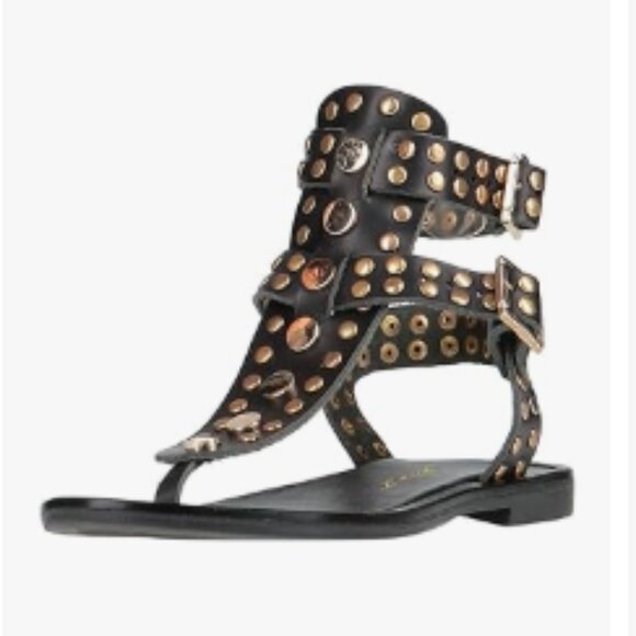FOWT Black Round Split Toe Rivet Studded Flat Gladiators Ankle Strap Sandals - Picture 1 of 8